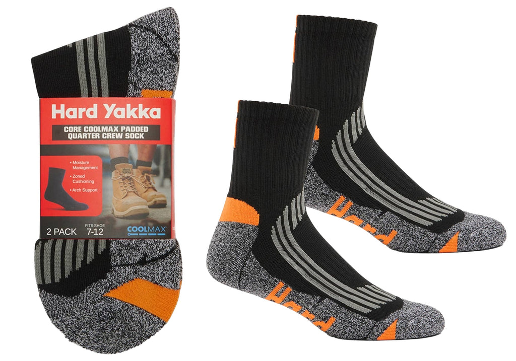 2 Pairs of Hard Yakka Mens Core Coolmax Padded Quater Crew Sock