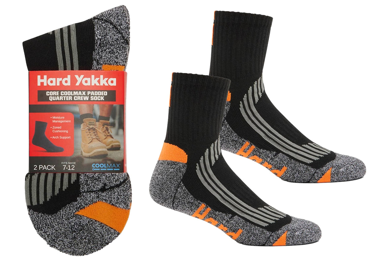 4 Pairs of Hard Yakka Mens Core Coolmax Padded Quater Crew Sock